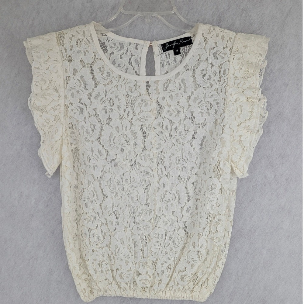 Jennifer Moore Lace Ruffle Blouse M Cream Floral Keyhole Back Romantic Top Fairy